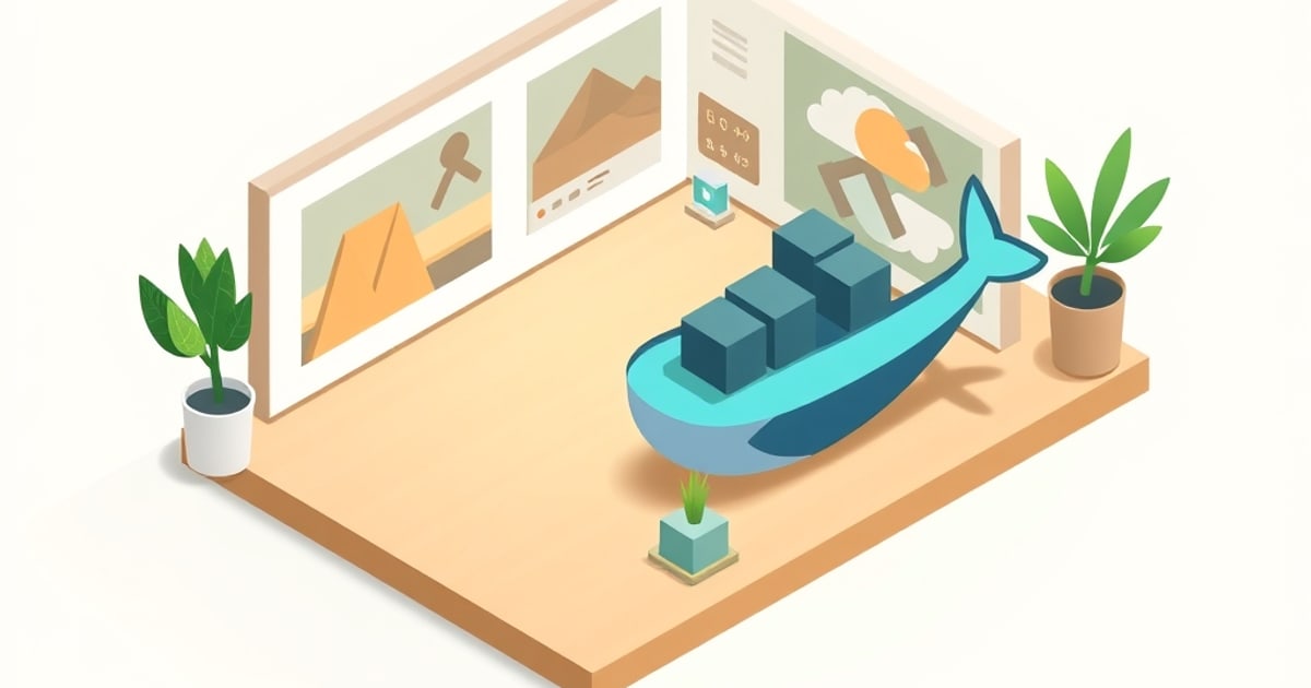 Isometric vector illustration showing Docker containers for self-hosted photo management with Immich