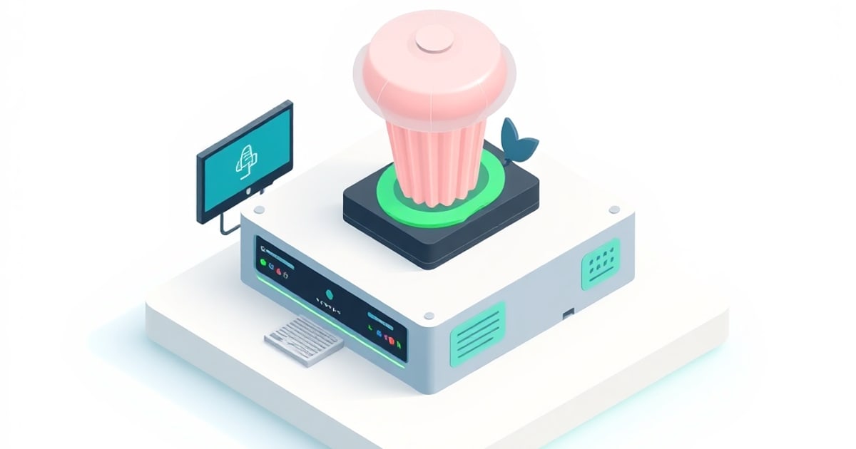 Isometric illustration of a media server container with movie, TV show, and music folder icons feeding concurrent transcoding streams