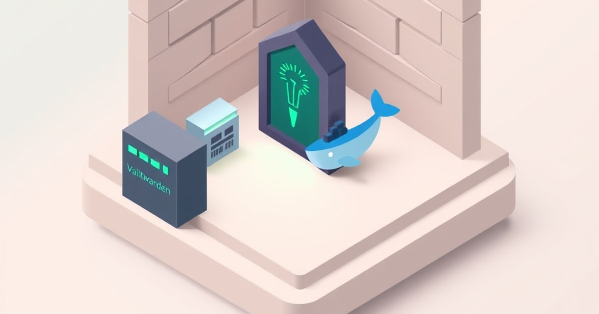 Isometric illustration of a secured vault container with Bitwarden client icons connecting over HTTPS